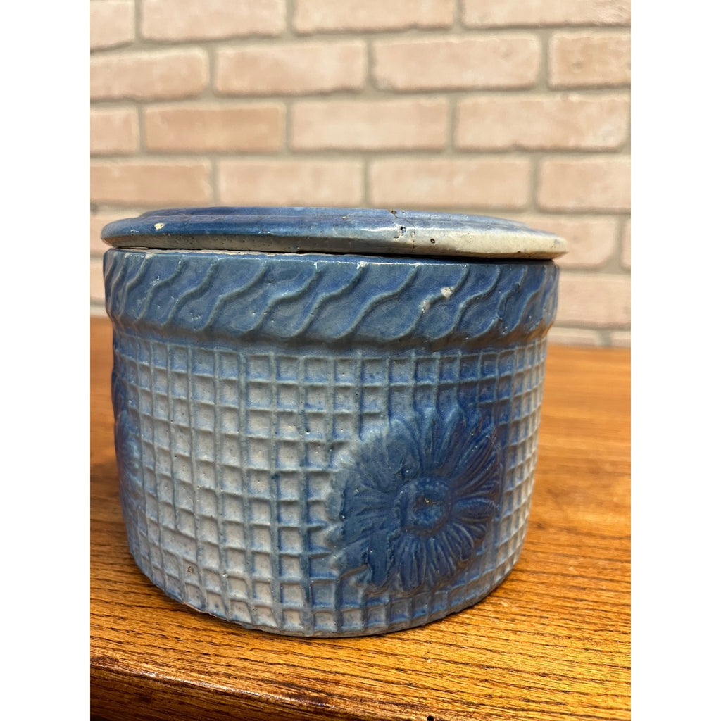 Antique Hull Stoneware Butter Crock Daisy Waffle Trellis Pattern Primitive
