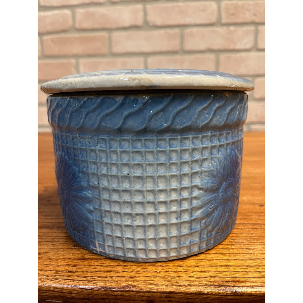 Antique Hull Stoneware Butter Crock Daisy Waffle Trellis Pattern Primitive