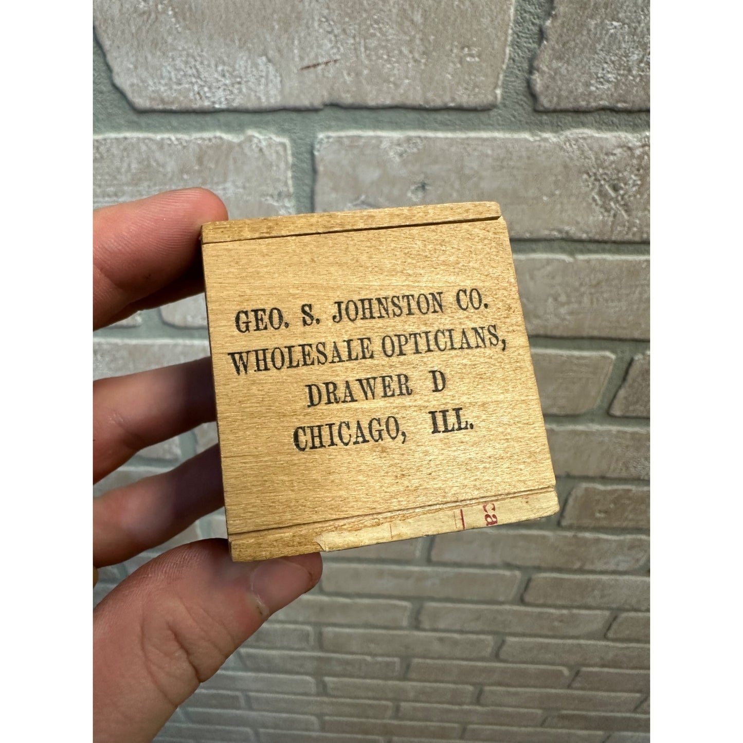 VINTAGE OPTICIAN WOODEN BOX - GEO S JOHNSTON CO CHICAGO DRAWER D