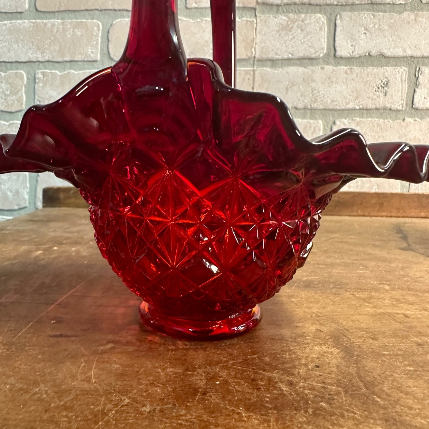 Vintage Fenton Ruby Red Amerina Brides Basket Bowl Signed