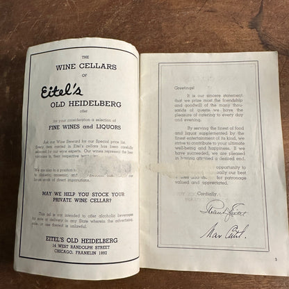 1930S SOUVENIR SONG BOOK EITEL'S OLD HEIDELBERG INN  BLATZ CHICAGO