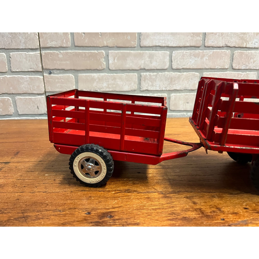 Vintage Tonka Farms Red Pressed Steel Farm Stake Truck & Trailer Toy