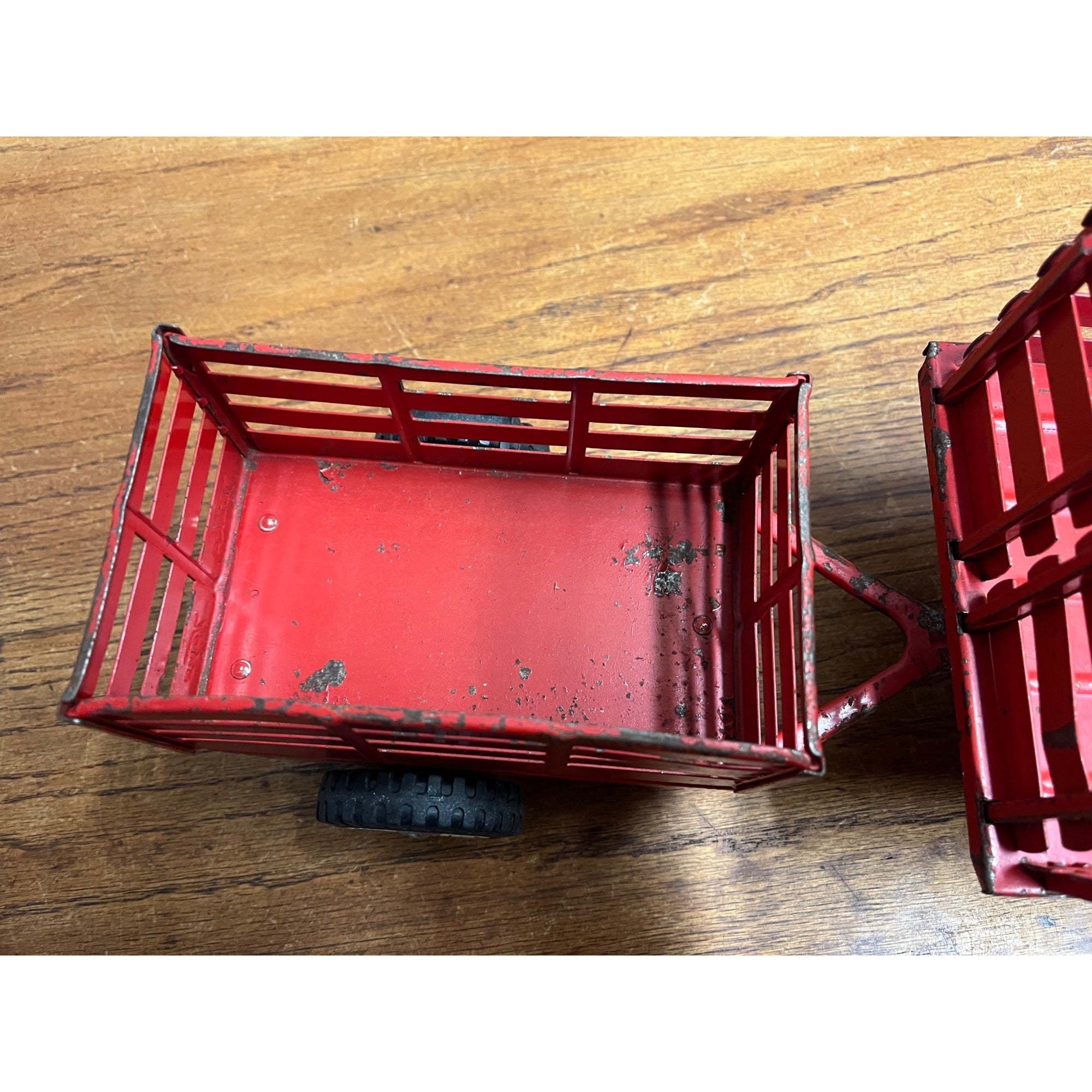 Vintage Tonka Farms Red Pressed Steel Farm Stake Truck & Trailer Toy