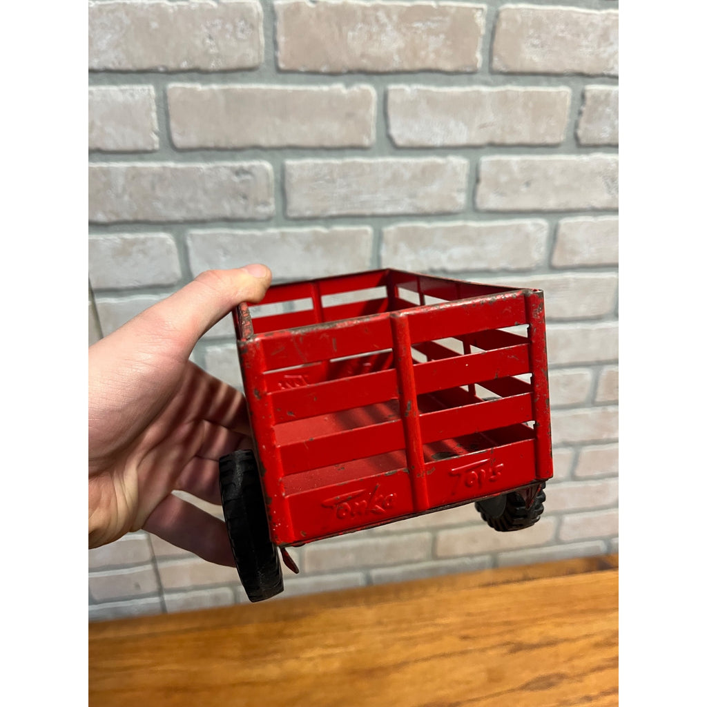 Vintage Tonka Farms Red Pressed Steel Farm Stake Truck & Trailer Toy