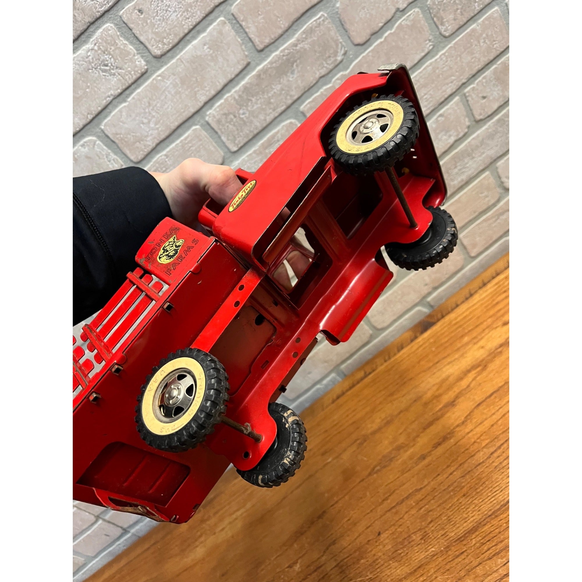 Vintage Tonka Farms Red Pressed Steel Farm Stake Truck & Trailer Toy