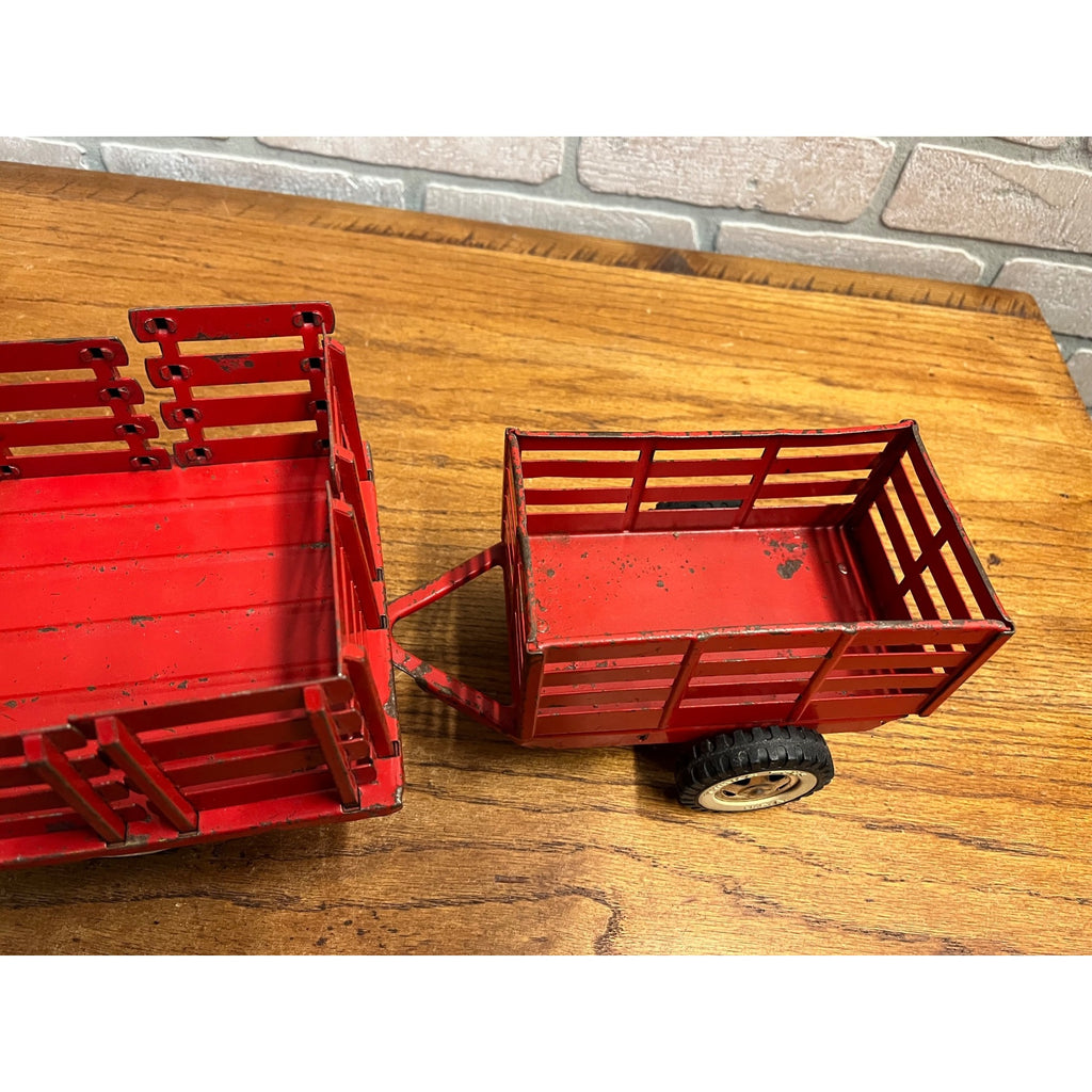 Vintage Tonka Farms Red Pressed Steel Farm Stake Truck & Trailer Toy
