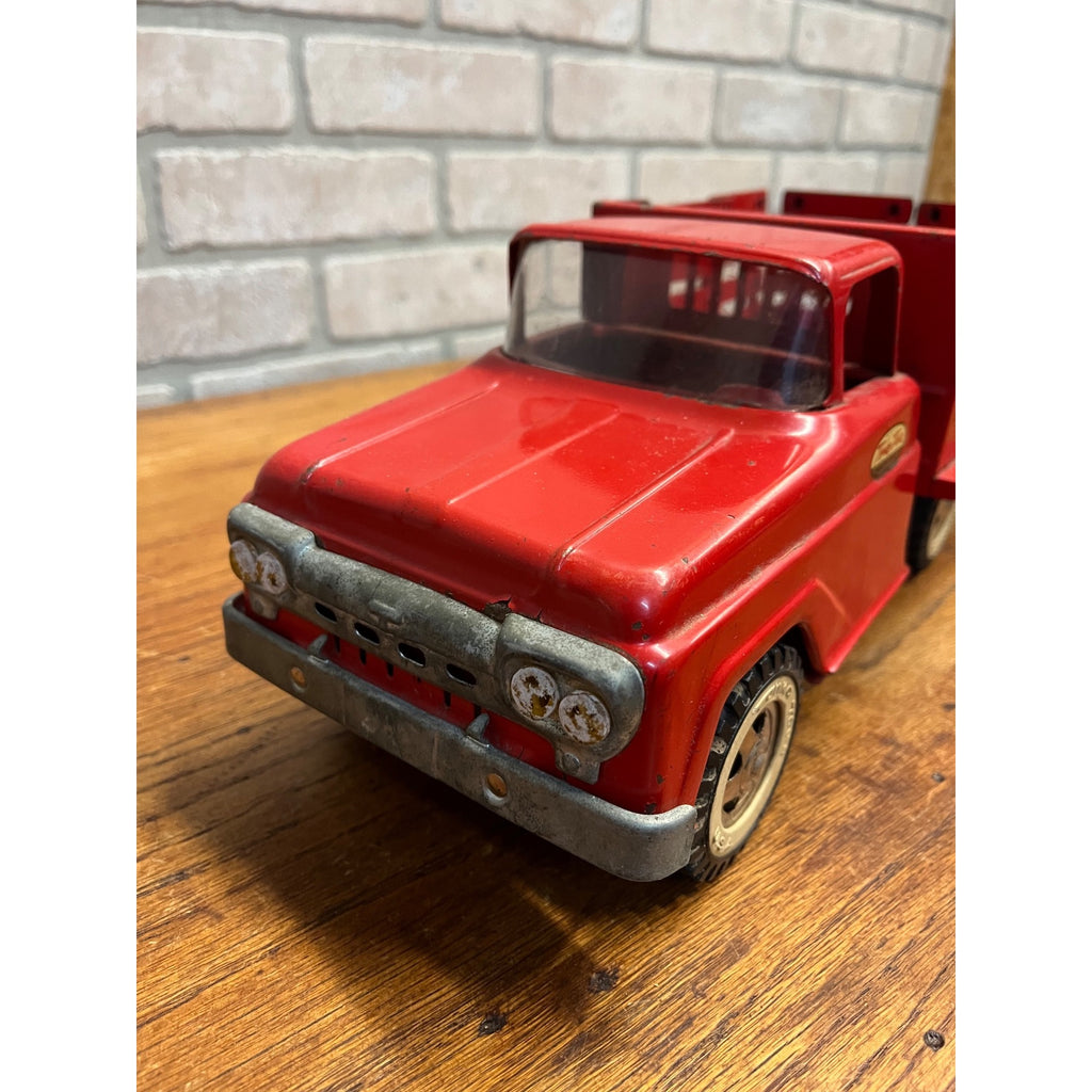 Vintage Tonka Farms Red Pressed Steel Farm Stake Truck & Trailer Toy