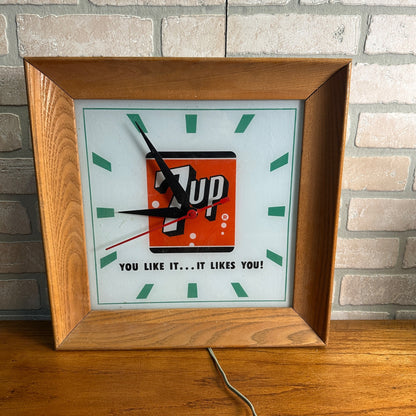 Vintage Seven-Up 7UP Soda Advertising Lighted Wall Clock Sign ROG 16" Wood Frame