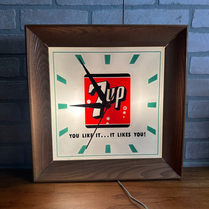 Vintage Seven-Up 7UP Soda Advertising Lighted Wall Clock Sign ROG 16" Wood Frame