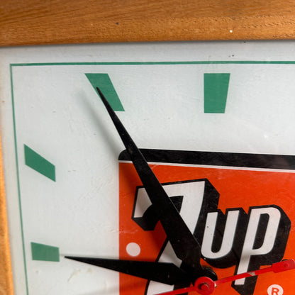 Vintage Seven-Up 7UP Soda Advertising Lighted Wall Clock Sign ROG 16" Wood Frame