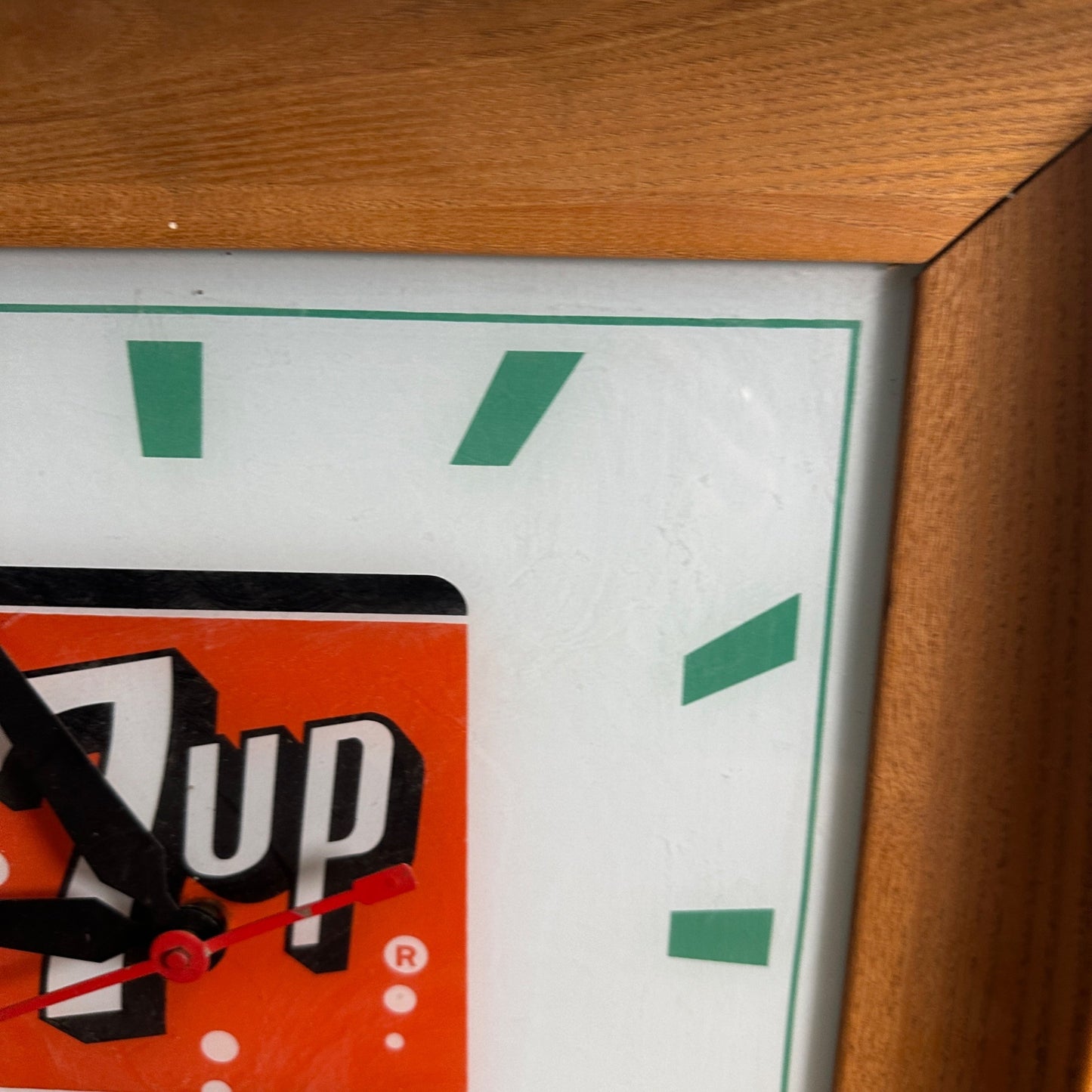 Vintage Seven-Up 7UP Soda Advertising Lighted Wall Clock Sign ROG 16" Wood Frame