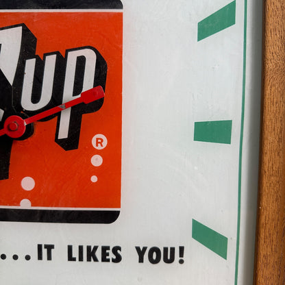 Vintage Seven-Up 7UP Soda Advertising Lighted Wall Clock Sign ROG 16" Wood Frame