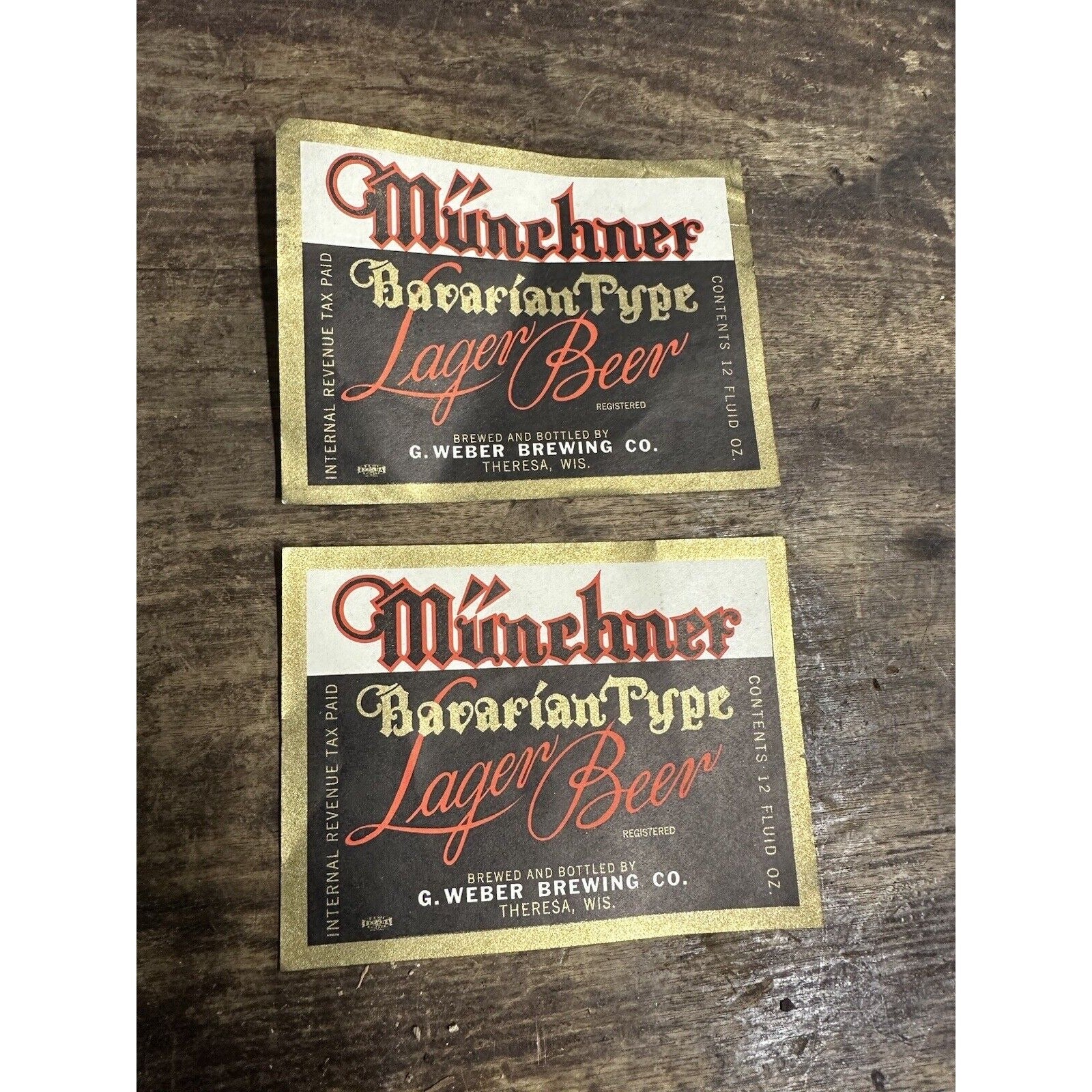 Vintage 1940s G. Weber Brewing Co. Theresa Wis Munchner Lager IRTP Bottle Labels