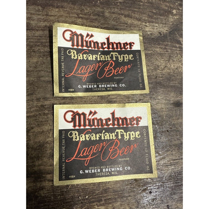 Vintage 1940s G. Weber Brewing Co. Theresa Wis Munchner Lager IRTP Bottle Labels