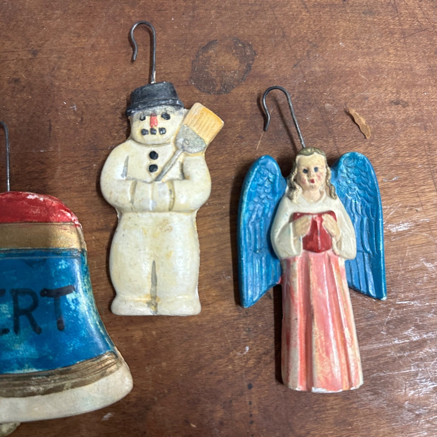 Vintage Lot (4) Primitive Style Ceramic Christmas Tree Ornaments Santa Snowman Angel