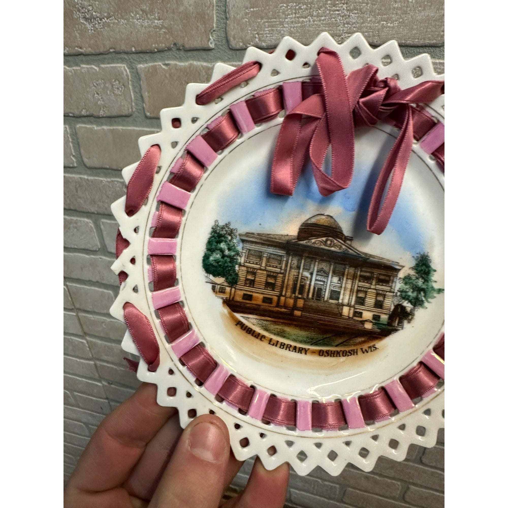 Vintage 1900s Oshkosh Wis Public Library 7" Fancy Plate w/ Lace - Made in Germany