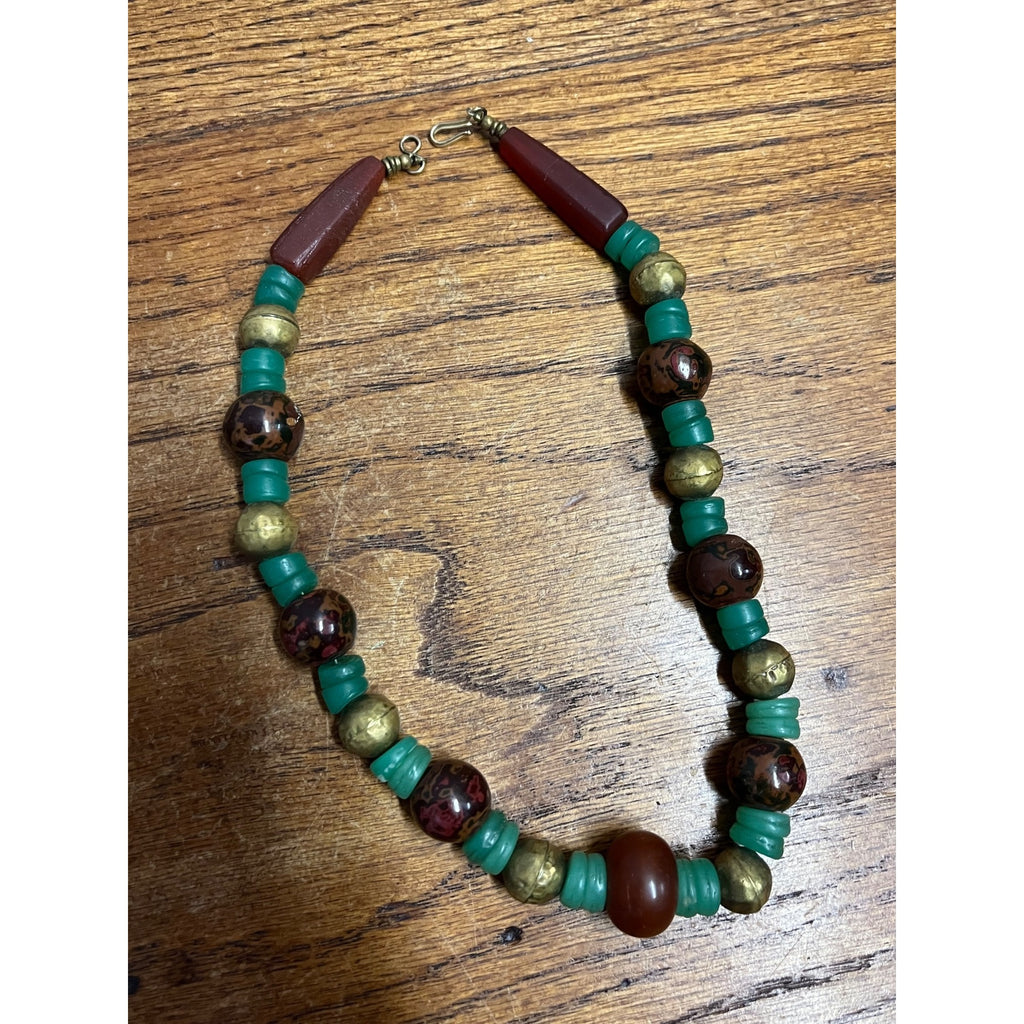 Vintage Boho Carnelian Jasper Jade Beaded Necklace Brass Green Trade Bead Art