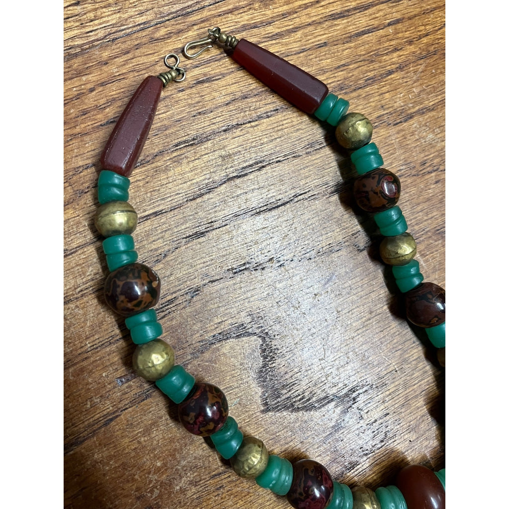 Vintage Boho Carnelian Jasper Jade Beaded Necklace Brass Green Trade Bead Art