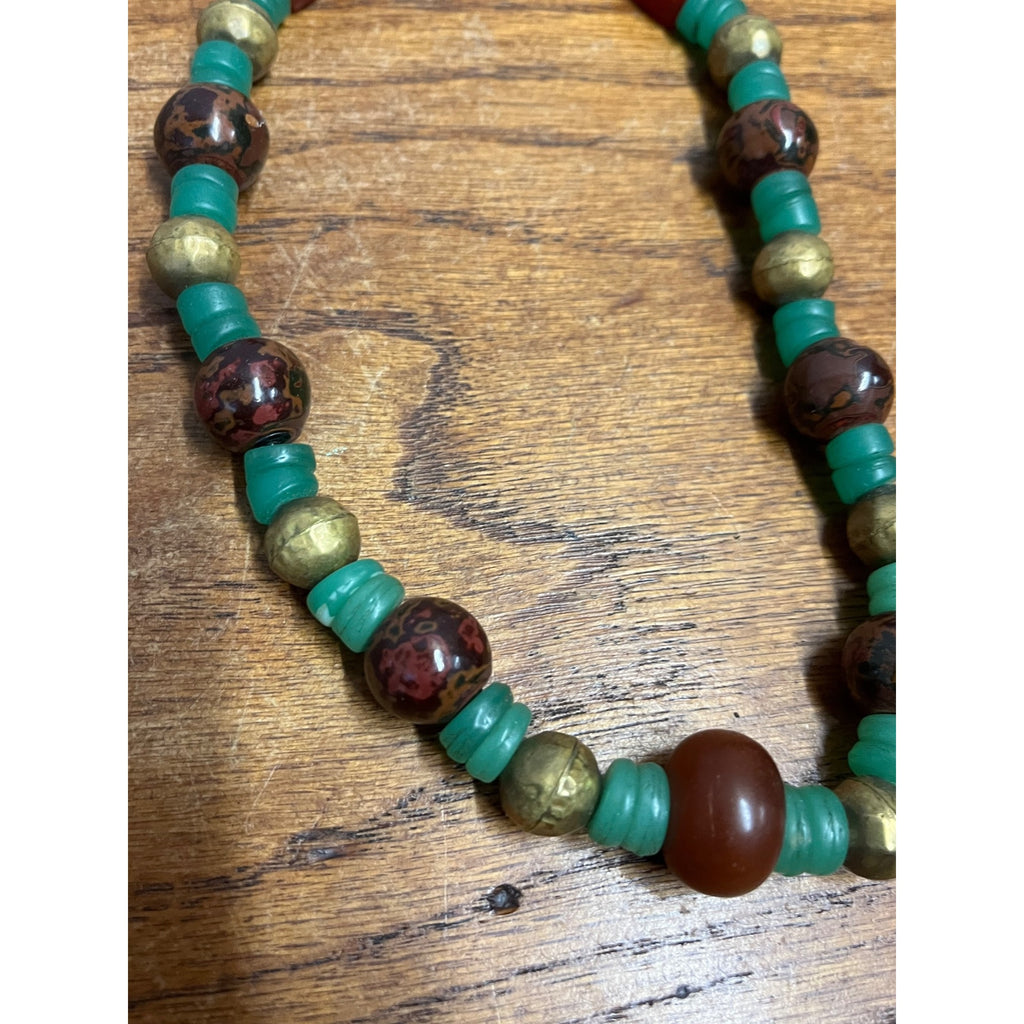 Vintage Boho Carnelian Jasper Jade Beaded Necklace Brass Green Trade Bead Art
