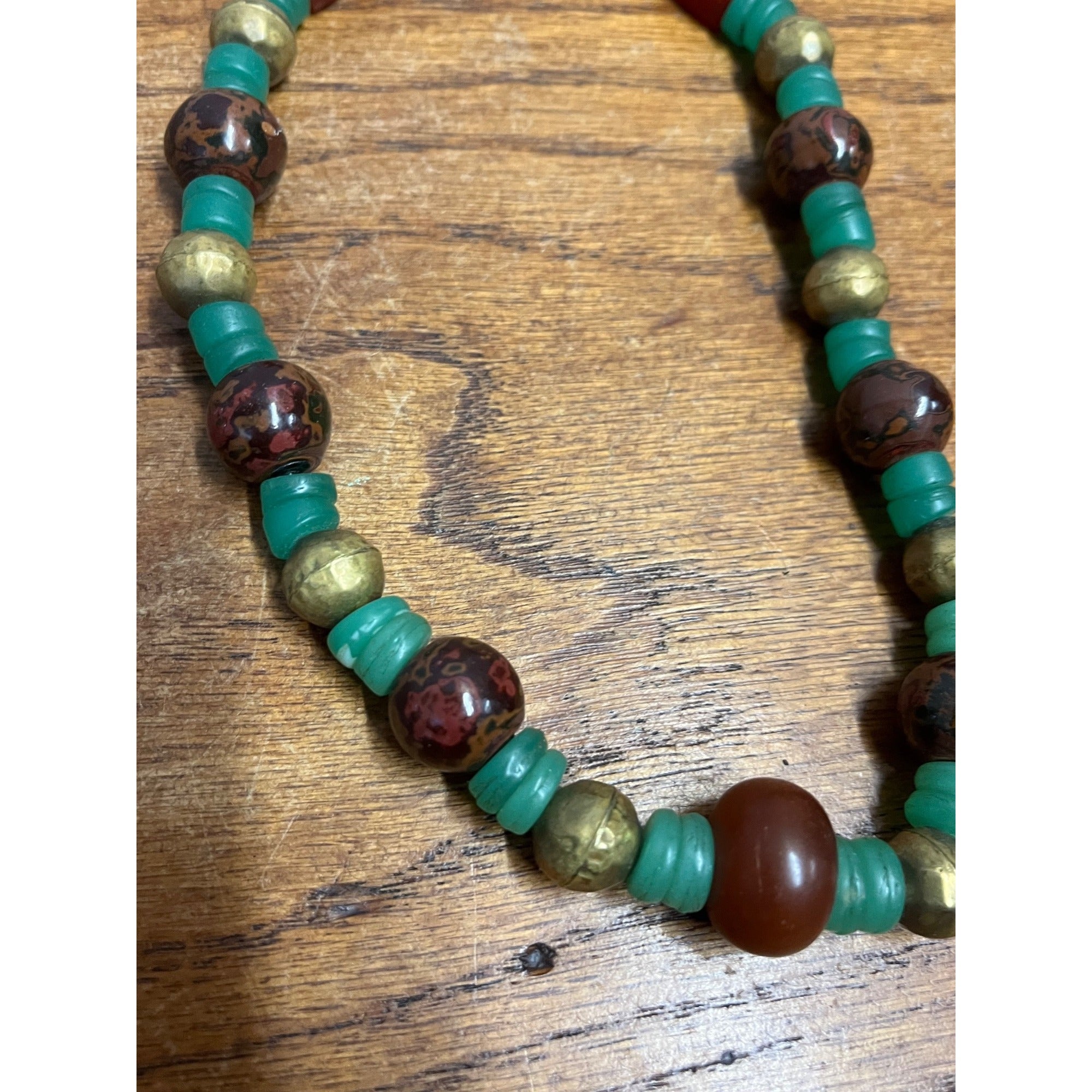 Vintage Boho Carnelian Jasper Jade Beaded Necklace Brass Green Trade Bead Art