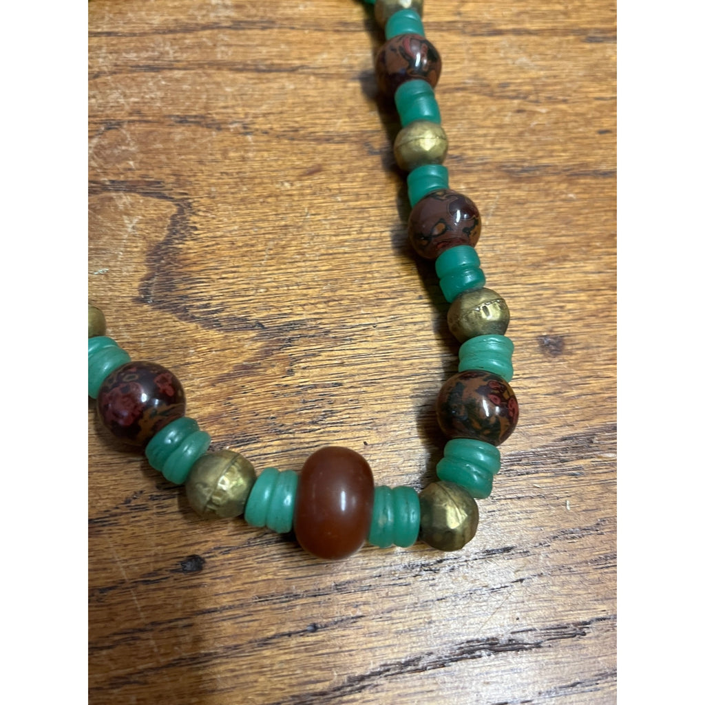 Vintage Boho Carnelian Jasper Jade Beaded Necklace Brass Green Trade Bead Art