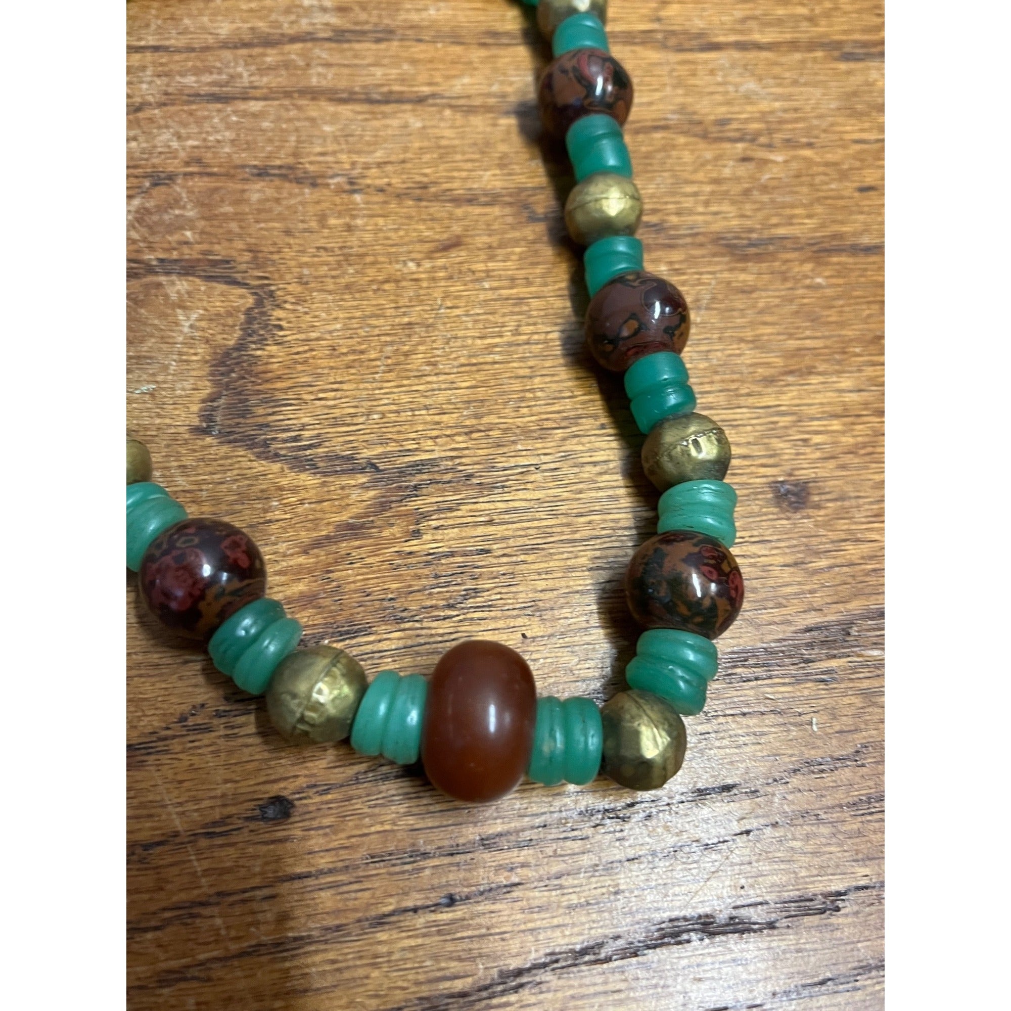 Vintage Boho Carnelian Jasper Jade Beaded Necklace Brass Green Trade Bead Art