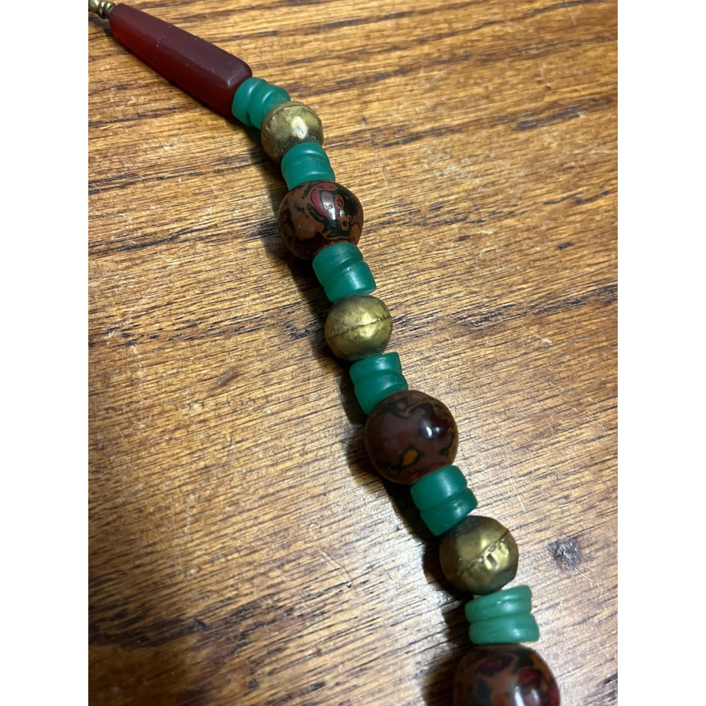 Vintage Boho Carnelian Jasper Jade Beaded Necklace Brass Green Trade Bead Art