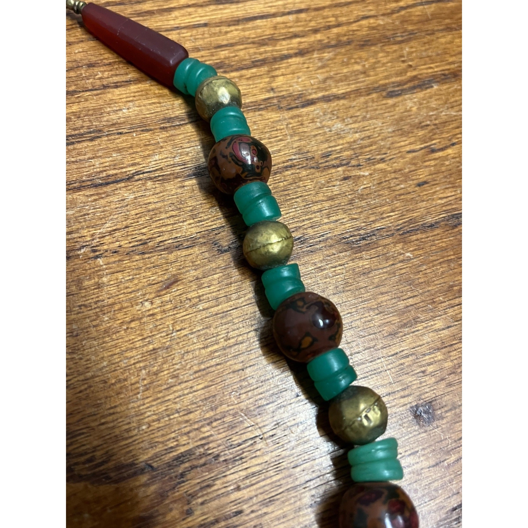 Vintage Boho Carnelian Jasper Jade Beaded Necklace Brass Green Trade Bead Art