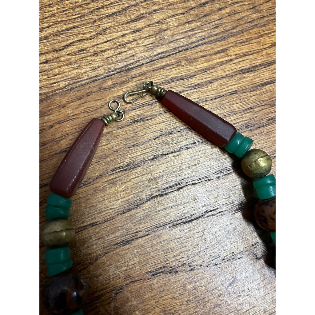 Vintage Boho Carnelian Jasper Jade Beaded Necklace Brass Green Trade Bead Art