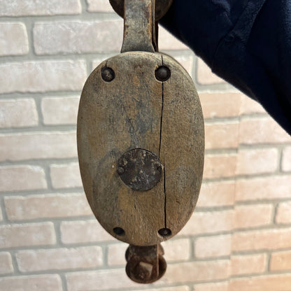 Antique Wooden Block & Tackle Rope Pulley w/ Hook Rustic Steampunk Decor