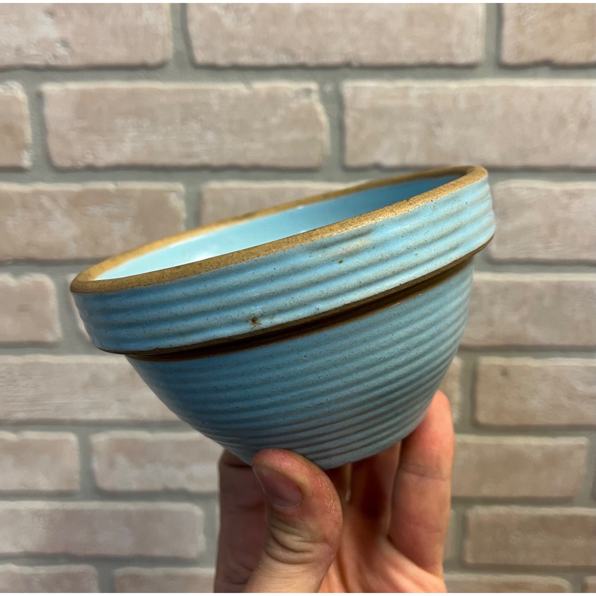Vintage Monmouth Pottery Blue Ribbed Beehive Primitive Stoneware Small Bowl / Farmhouse / Kitchen Decor