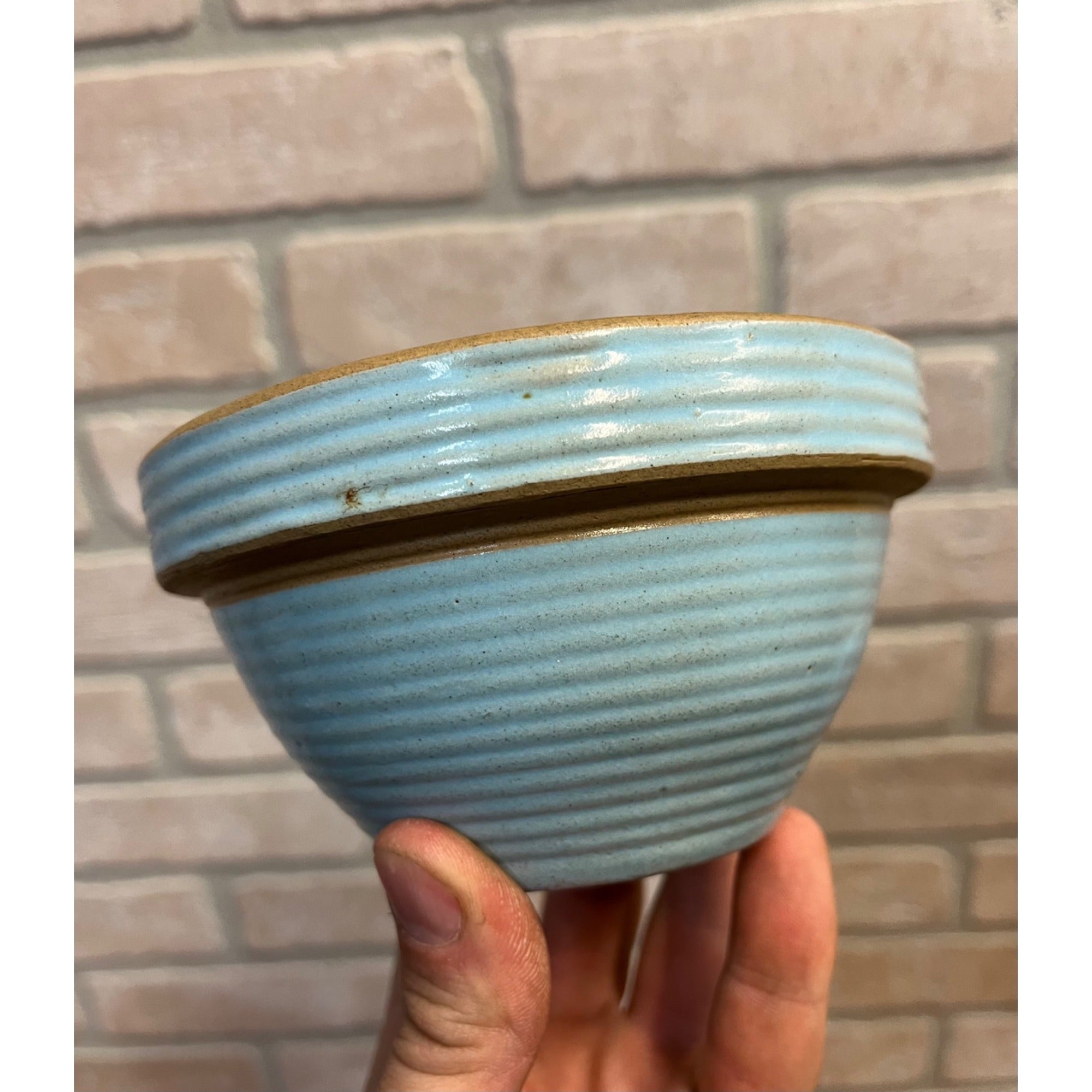 Vintage Monmouth Pottery Blue Ribbed Beehive Primitive Stoneware Small Bowl / Farmhouse / Kitchen Decor