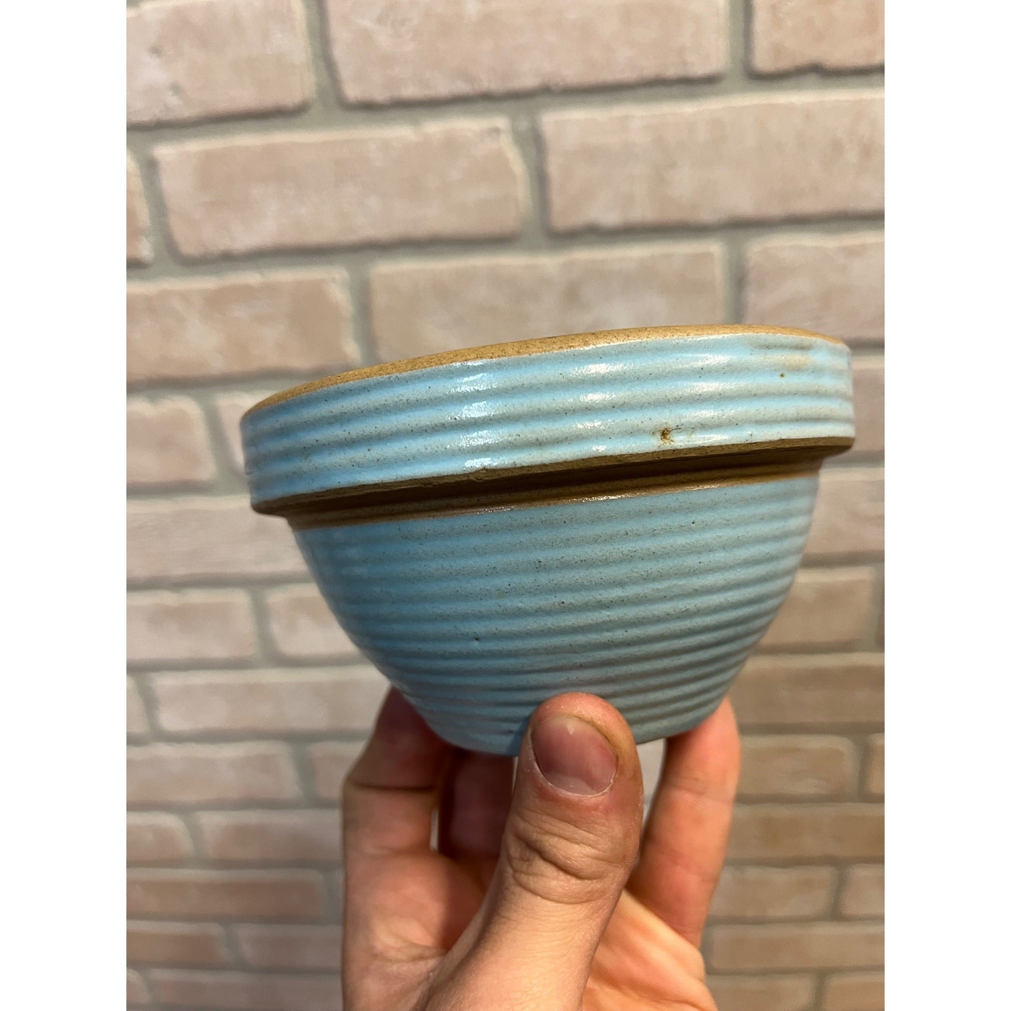 Vintage Monmouth Pottery Blue Ribbed Beehive Primitive Stoneware Small Bowl / Farmhouse / Kitchen Decor