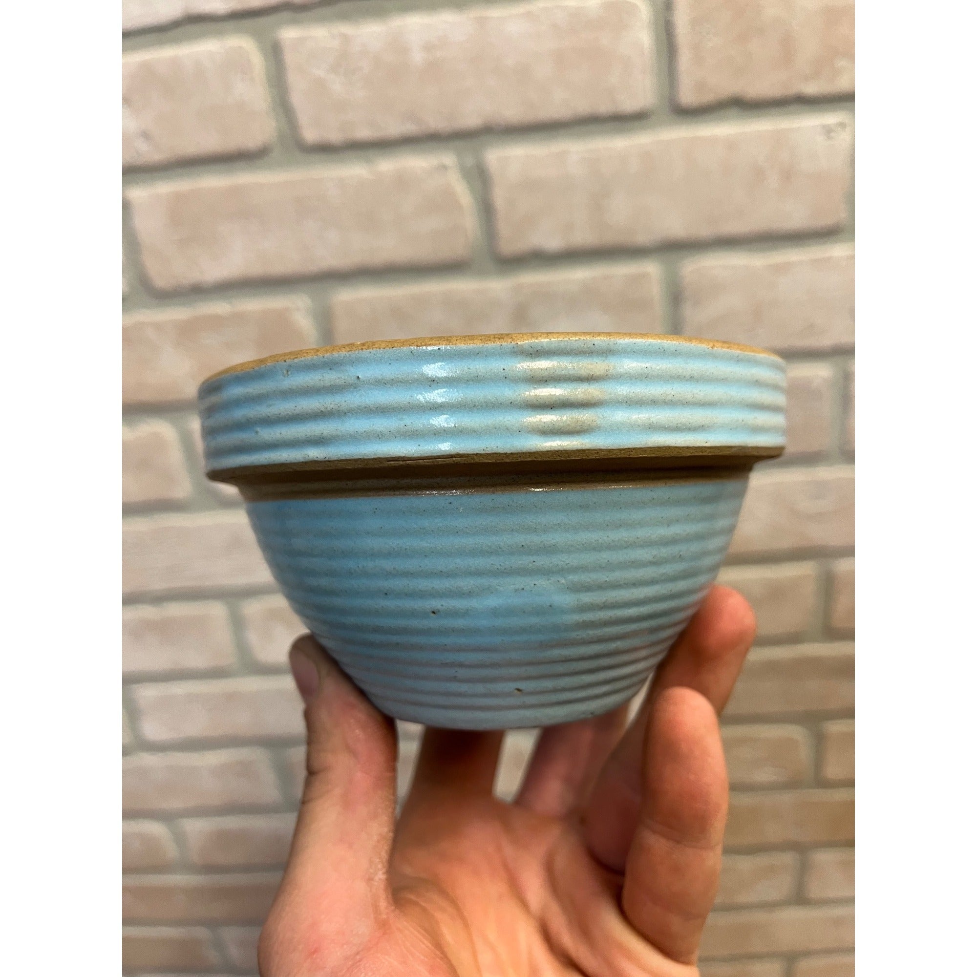 Vintage Monmouth Pottery Blue Ribbed Beehive Primitive Stoneware Small Bowl / Farmhouse / Kitchen Decor