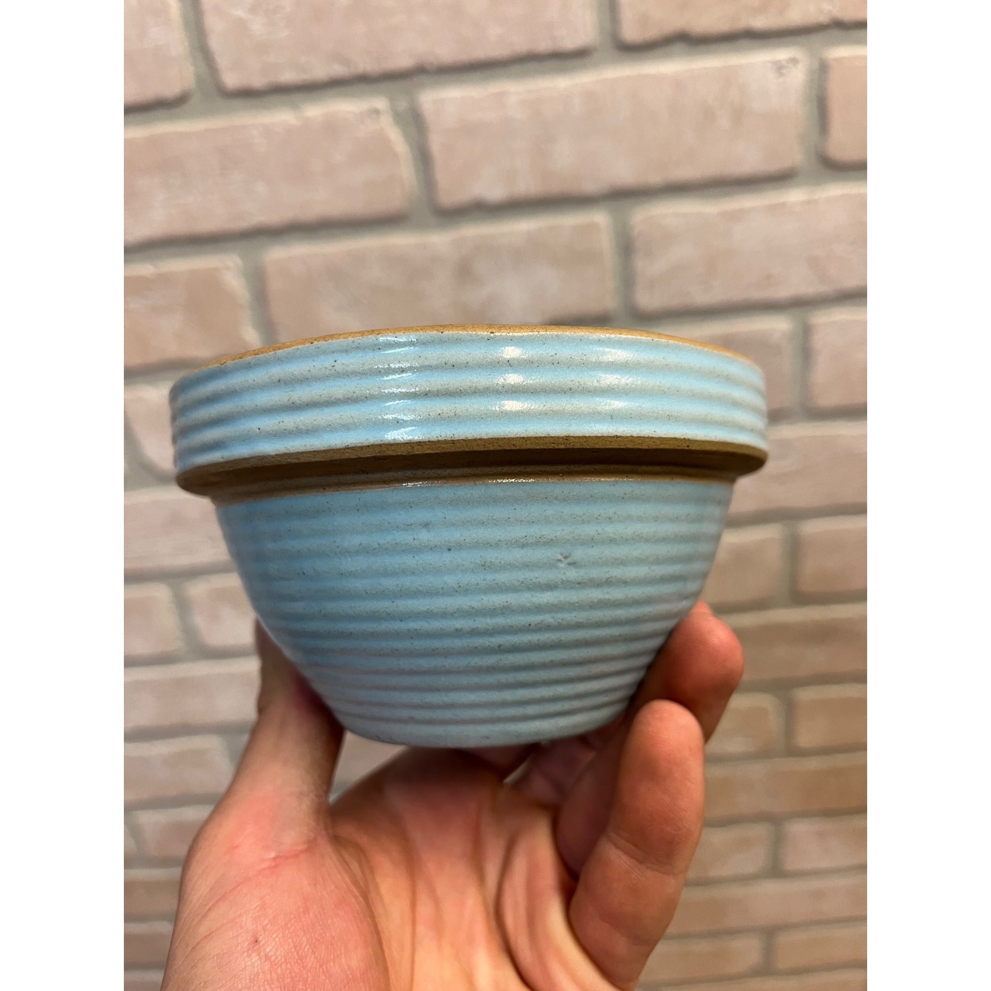 Vintage Monmouth Pottery Blue Ribbed Beehive Primitive Stoneware Small Bowl / Farmhouse / Kitchen Decor