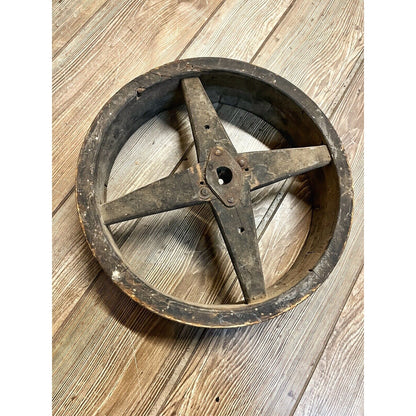 Antique Primitive Wooden Flywheel Industrial Pulley Wood Spokes 14" Hand Crank