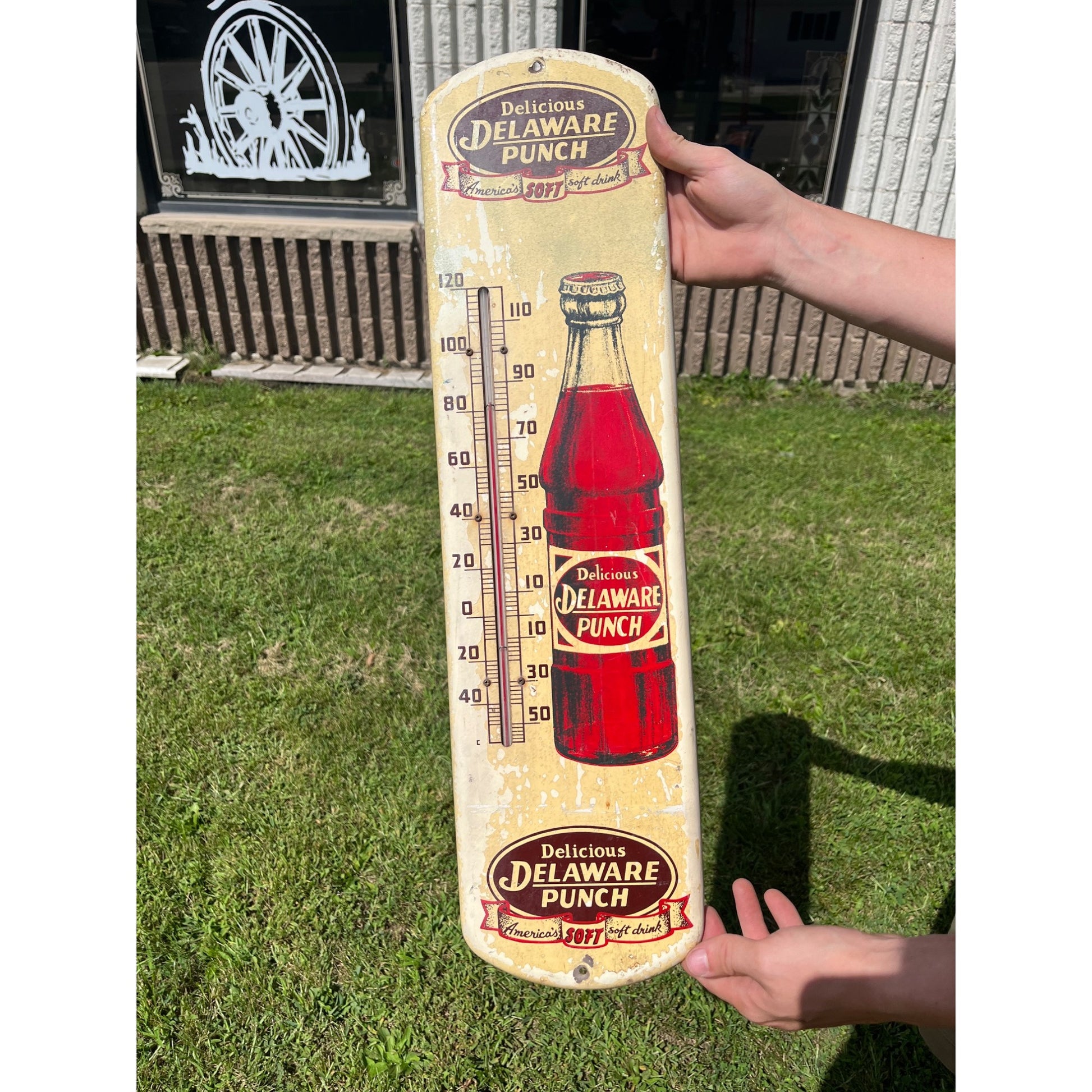Original Vintage Delaware Punch Soda Advertising Thermometer Sign 27" x 7"