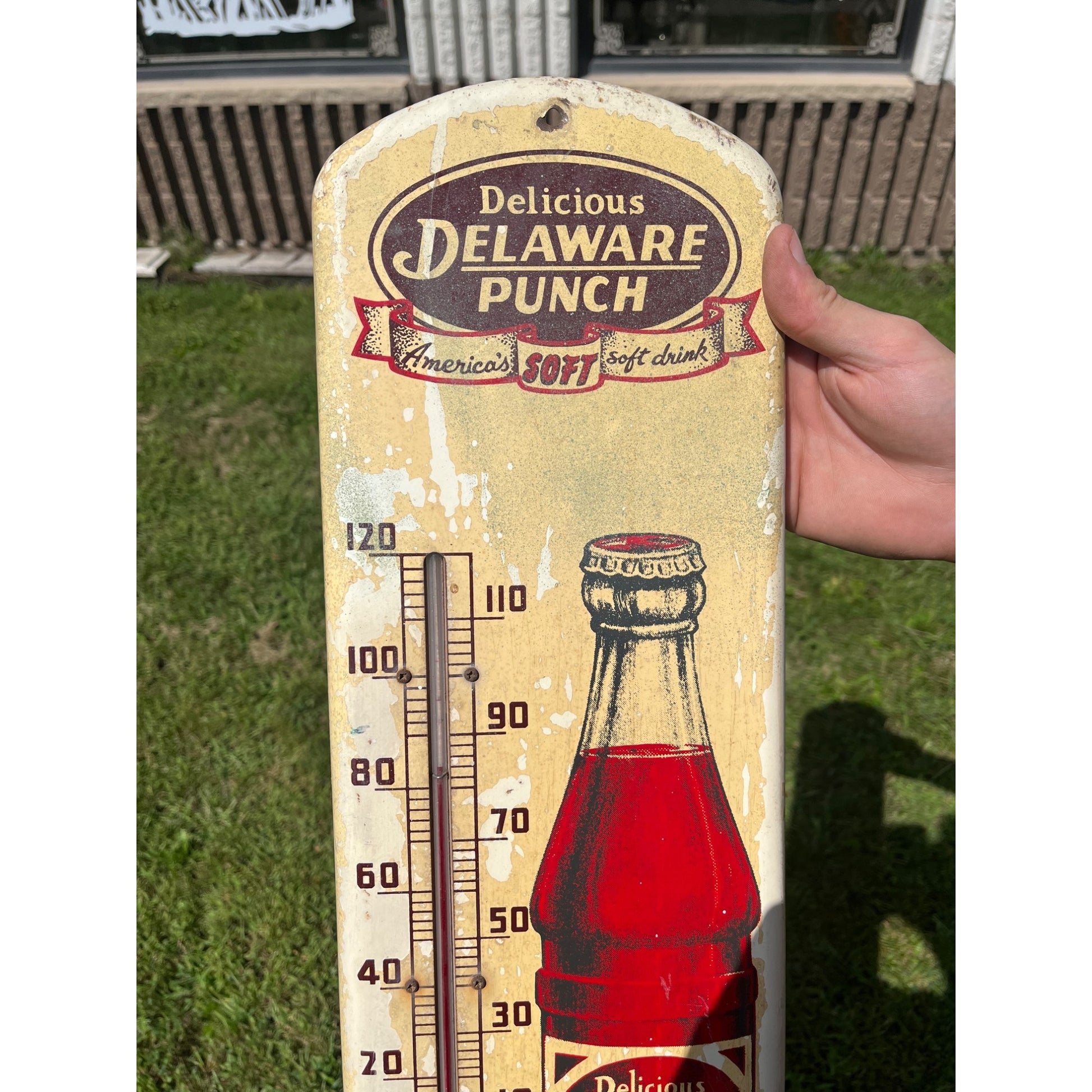 Original Vintage Delaware Punch Soda Advertising Thermometer Sign 27" x 7"