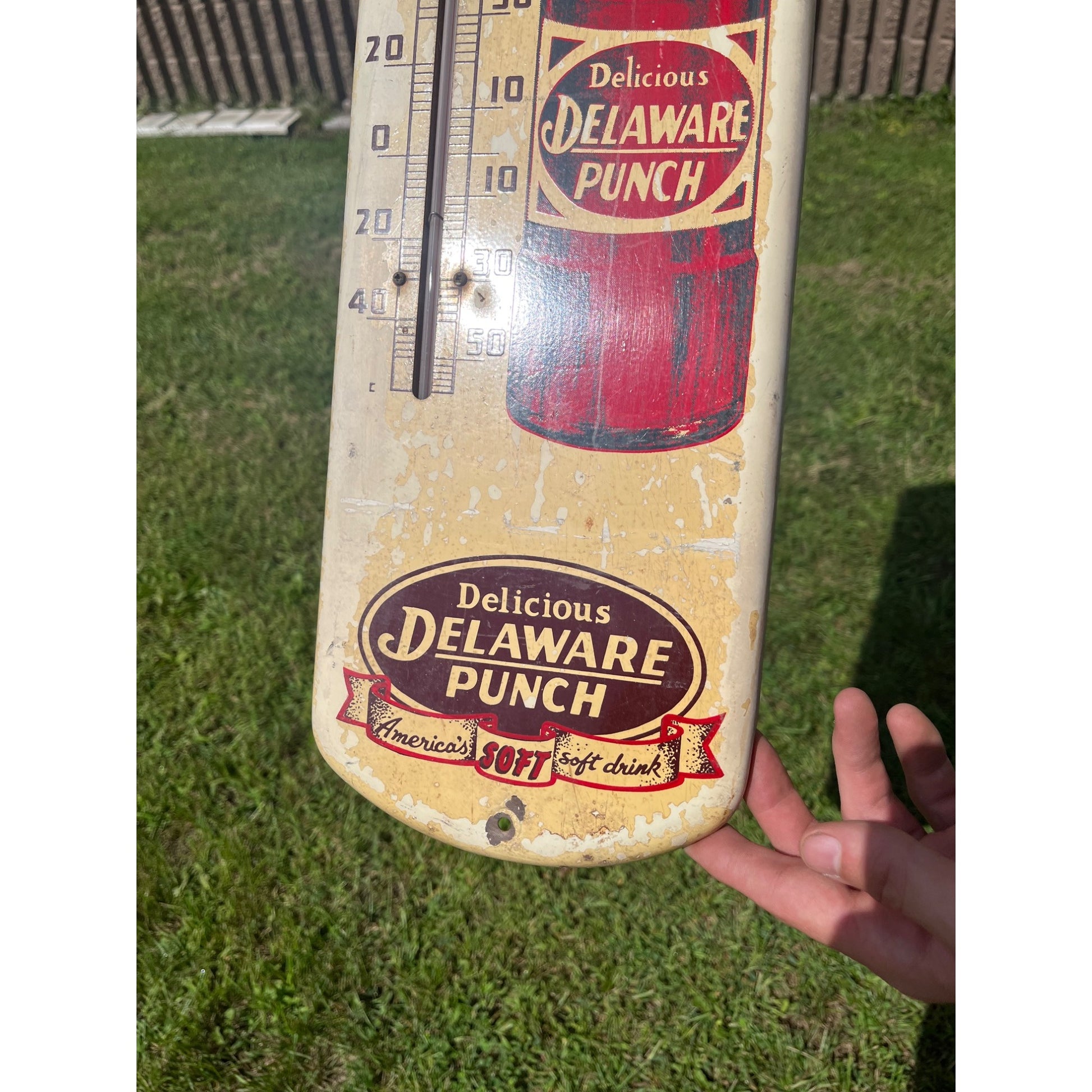 Original Vintage Delaware Punch Soda Advertising Thermometer Sign 27" x 7"