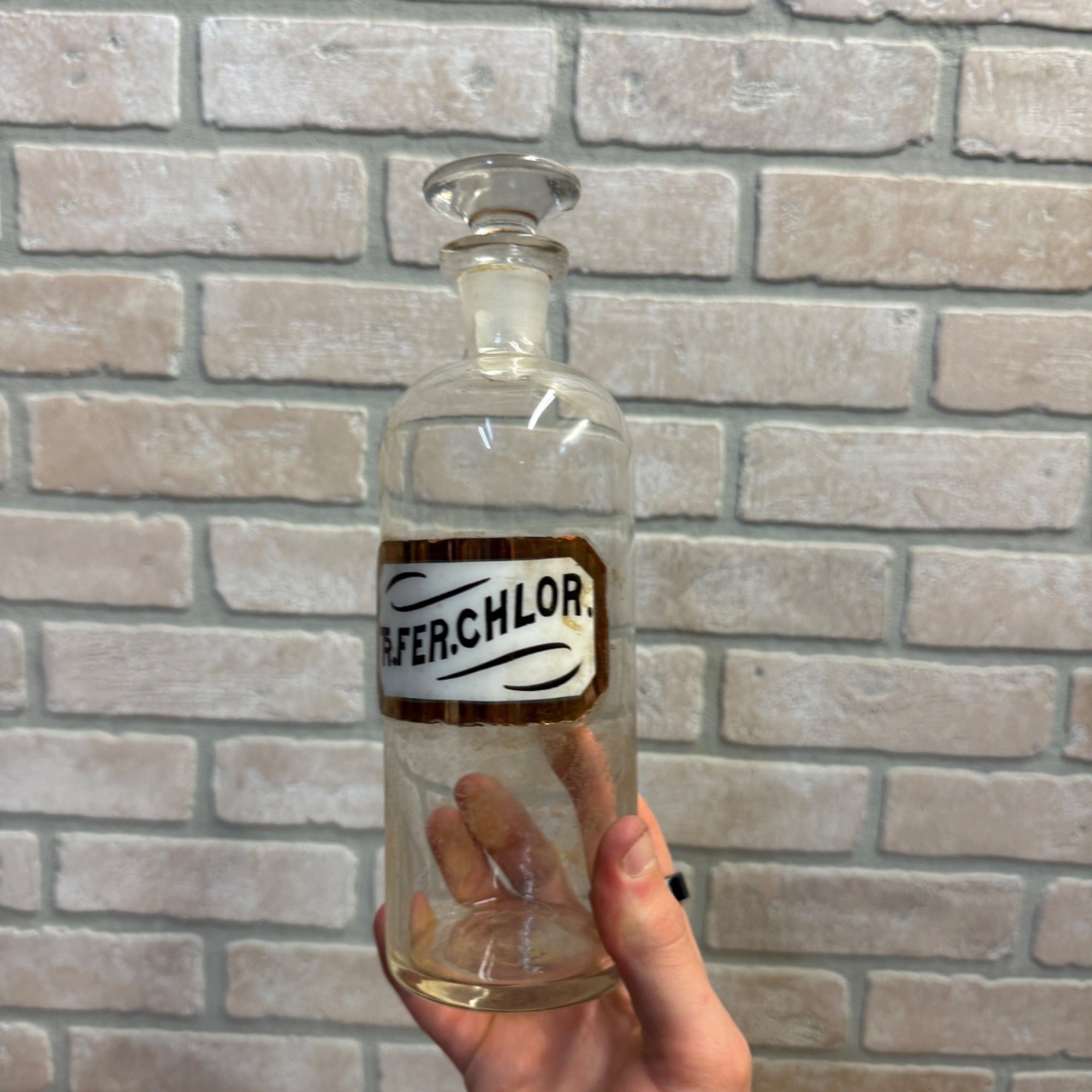 Vintage Glass Pharmacy Apothecary Bottle With Stopper and Glass Label Reading TR. Fer. Chlor. (Tincture of Ferric Chloride)