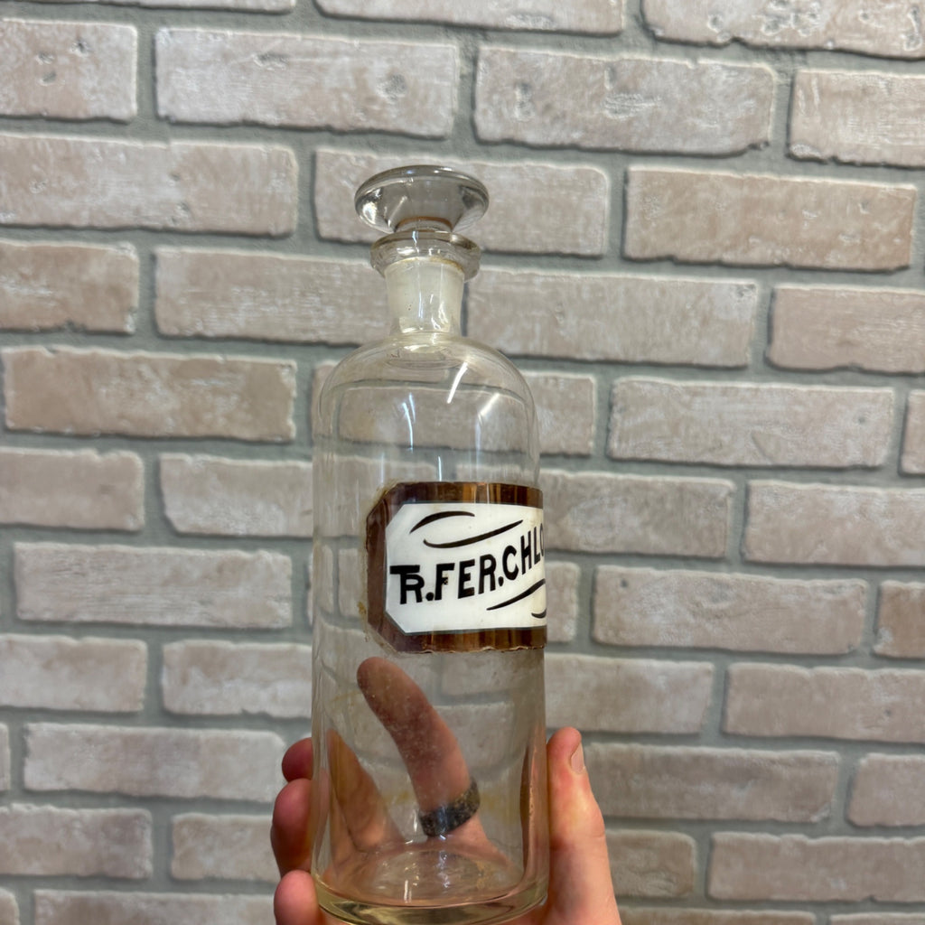 Vintage Glass Pharmacy Apothecary Bottle With Stopper and Glass Label Reading TR. Fer. Chlor. (Tincture of Ferric Chloride)