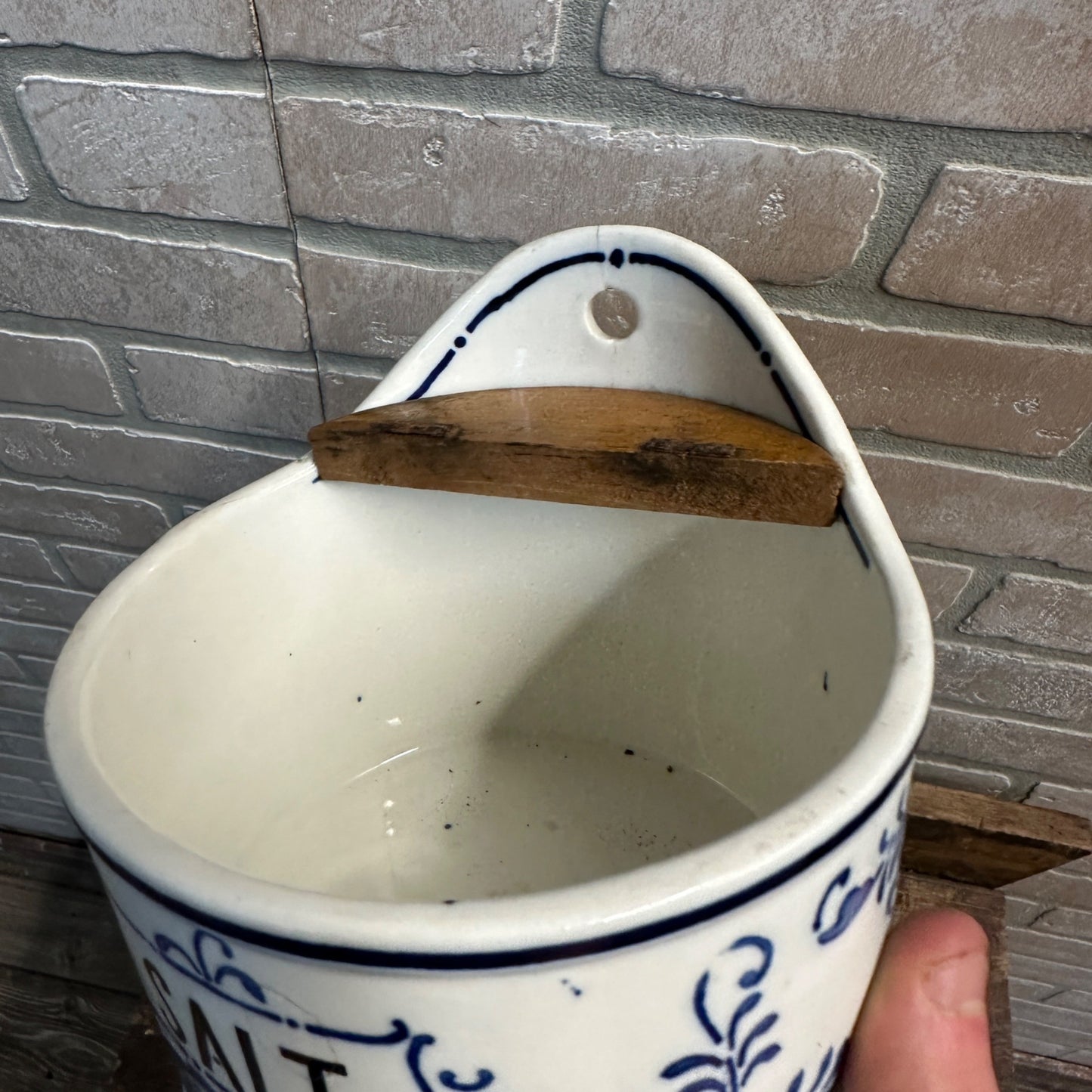 Antique Primitive Porcelain Cobalt Blue Pattern Salt Box w/ Lid - As-Is