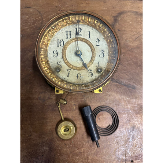 ANTIQUE ANSONIA 4 1/2" CLOCK MOVEMENT + FACE & PENDULUM PAT. 1882 - PARTS REPAIR