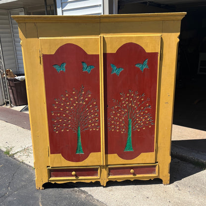 Antique Swedish Tree Butterfly Yellow Carved Cabinet Wardrobe Pantry Primitive