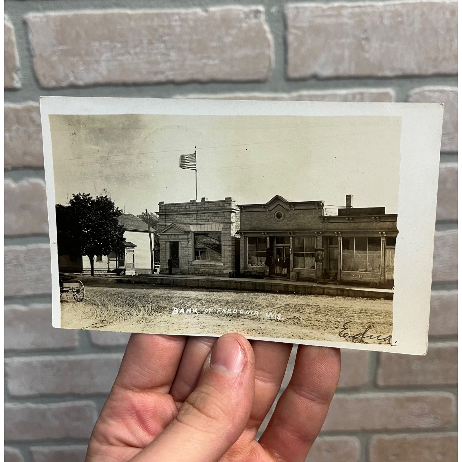 RPPC Postcard -- Fredonia Wisconsin - Bank Building Street Scene c1919