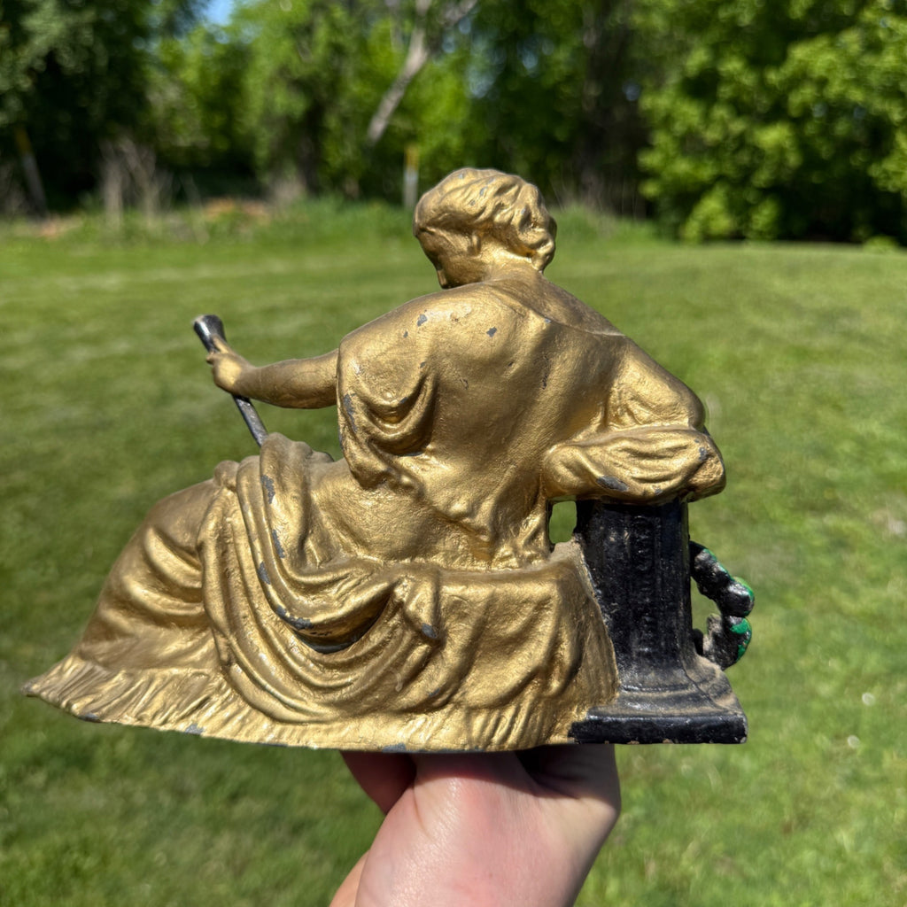 Antique Victorian Spelter Roman Woman Sitting Clock Top Mantle Figure Statue