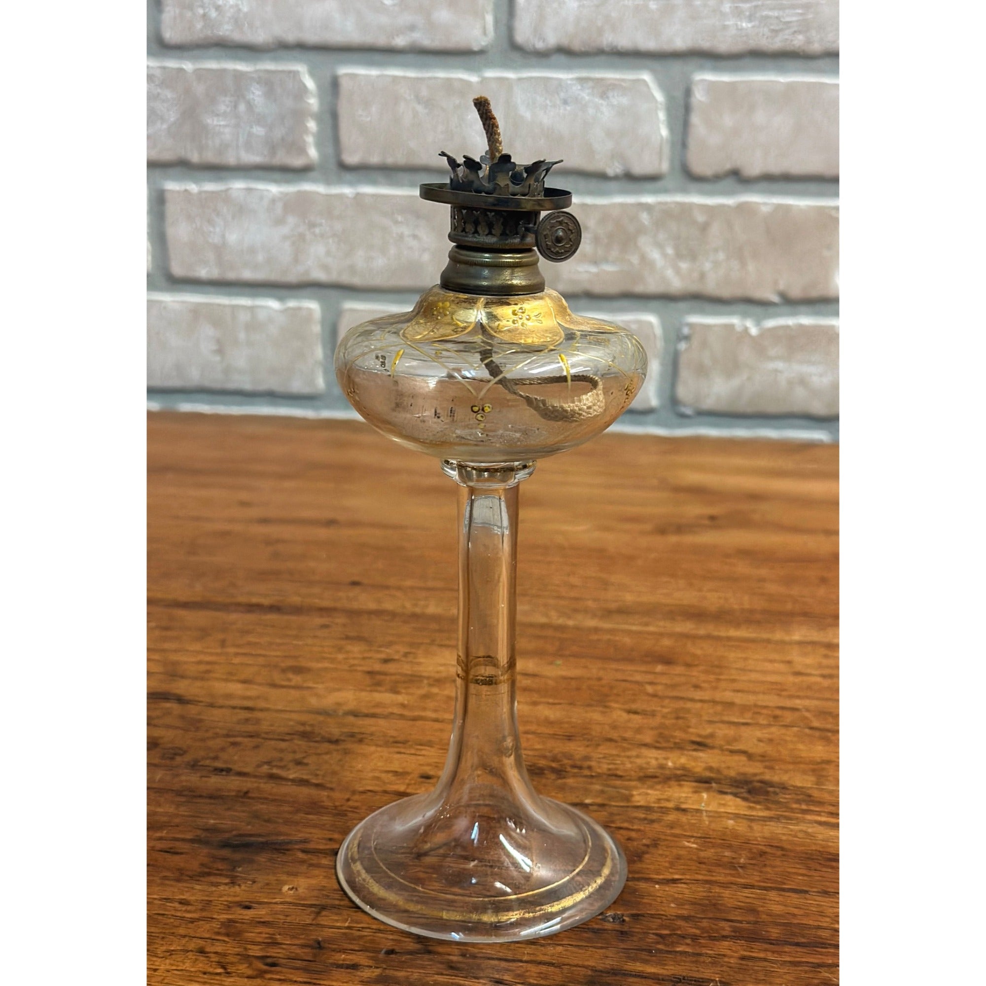 Antique 1860s Whale Oil Kerosene Glass Lamp Footed Stem German Burner Miniature