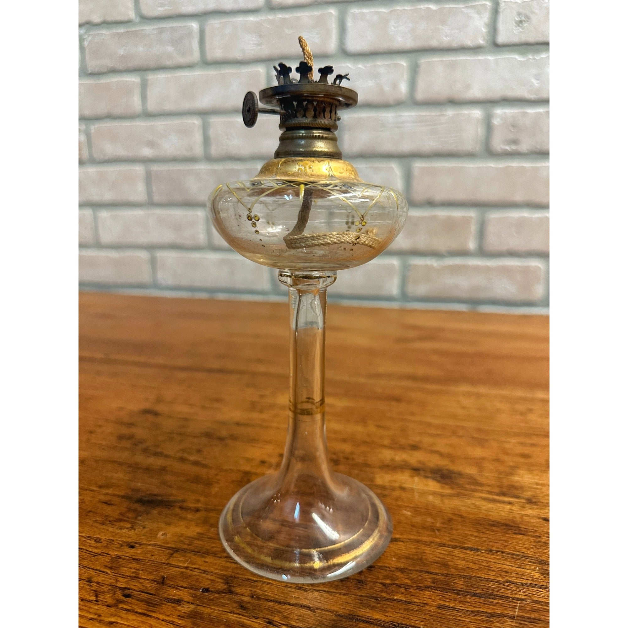 Antique 1860s Whale Oil Kerosene Glass Lamp Footed Stem German Burner Miniature