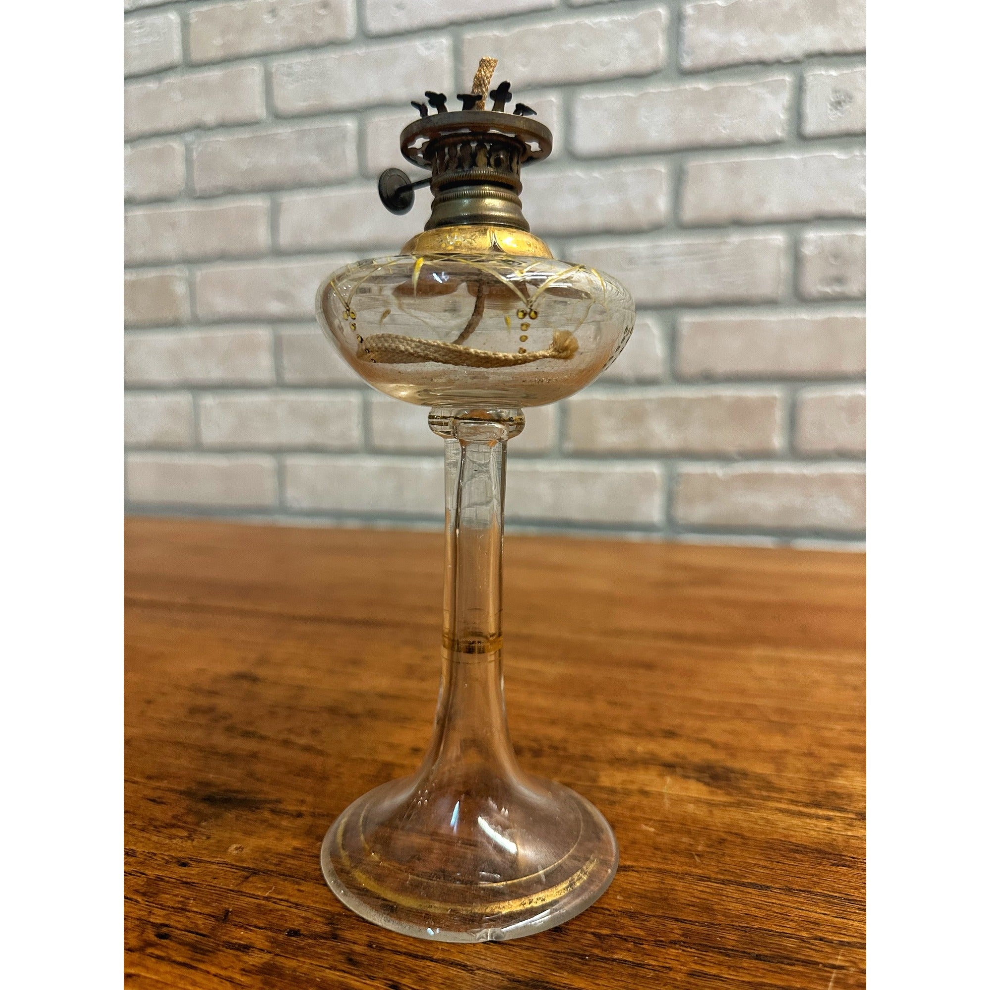 Antique 1860s Whale Oil Kerosene Glass Lamp Footed Stem German Burner Miniature