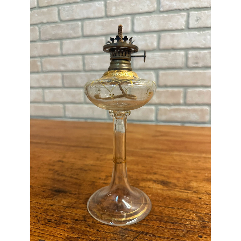 Antique 1860s Whale Oil Kerosene Glass Lamp Footed Stem German Burner Miniature